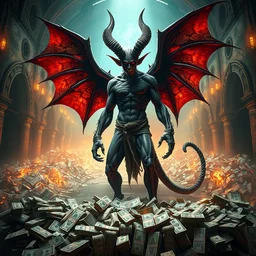 full body portrait of a satanic demon, lucifer, devil, beelzebub, satyr, standing in a huge pile of bills, greek, monastery interior in hell, intricate, highly detailed, digital painting, artstation, concept art, cinematic lighting, illustration, by artgerm, greg rutkowski, alphonse mucha, cgsociety