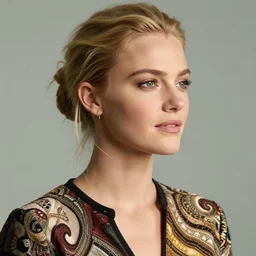 photograph of an olive skinned blonde female model in her late twenties, her hair pinned up, wearing a designer top, looking content, photographed by steve mccurry