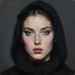 hyperrealism oil painting, close - up classicism portrait, fashion model, black hood, complete darkness, in style of classicism mixed with 8 0 s sci - fi hyperrealism