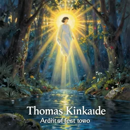 A painting of Thomas Kinkade named A river of light that leads to God in colaboration with Studio Ghibli,
