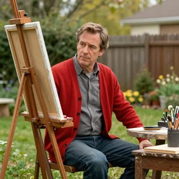a middle aged man wearing a red cardigan sitting at a painting easel in his back yard, movie poster, concept art, trending on artstation