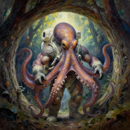 muscular octopus astronaut in forest portal gate,  extremely textured frazetta oil painting 8k intricate dramatic cinematic mood backlight