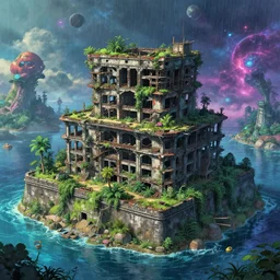 a beautiful very detailed render of navy fort building unfinished building abandoned architecture by jean delville, tokyo dieselpunk architecture island windy atlantis cosmic retrowave vaporwave water san andreas studio ghibli rainforest, archdaily, wallpaper, highly detailed, trending on artstation.