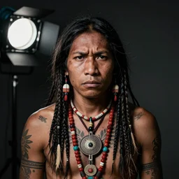 hopi shaman, 7 0 yo, annoyed look, tattoos, dark background, studio light, hdr, nikon 2 4 mm f / 1. 8 g, by sebastiao salgado
