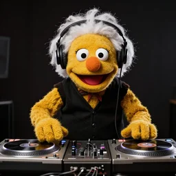Einstein as a muppet wearing headphones DJing with DJ turntables