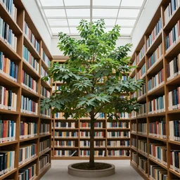 a beautiful tree growing in the middle of a library