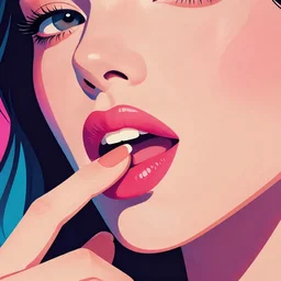 a closeup of a woman biting her lip, in retro colors, synthwave style, 2 d digital vector art