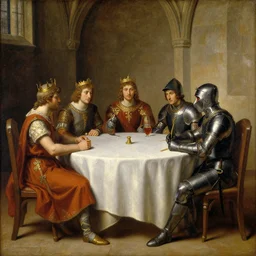 painting of king arthur and lancelot sitting at the round table in camelot, edward robert hughes
