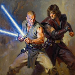 obiwan fighting anakin with lightsabers impressionist painting