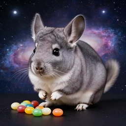 chinchilla with mean look in space with galaxy in background, rainbow jellybeans under chinchilla's tail