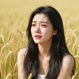 A 25 years old Paludnitsa crying in a wheat field. Long black hair, perfect face, beautiful eyes, smooth, sharp focus, vivid colors, highly detailed, digital art, 4k, medium shot.