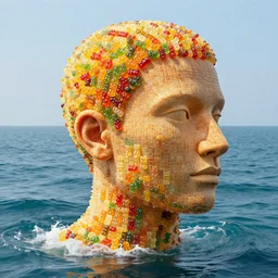a human head sculpture made out of thousands small gummy bears placed on the surface of the ocean, giant sculpture, in the style of chad knight, long shot, hyper detailed, hyper realistic, ray tracing, 8 k resolution, sharp focus, realistic water, award winning