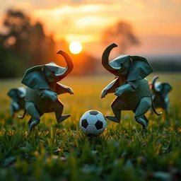 a group of elephant origamis playing soccer in a field. sunset in the background.