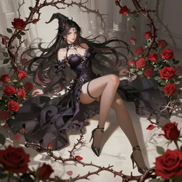 fantasy female dark witch sensual surrounded by roses and thorns, wide angle view, highly detailed, qichao wang, artgerm, cushart krenz, zeronis, trending on artstation, soft light, sharp edges, illustration, character design, concept art