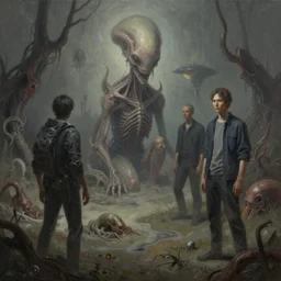 ultra realist muted colors horror painting of a dimly lit alien landscape, very intricate details, focus, full frame image, high contrast, artwork by tooth wu and wlop and beeple and greg rutkowski, award winning