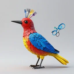 photo of 3 d art sculpture instalation of a bird made of utensils, red airbrush on yellow saw tail, blue iron feathers, black scissor beak, head made of colorful forks, digital art, 8 k