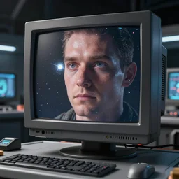 a space ships computer lifelike face, on a crt monitor, on a control panel, photo realistic, hyper detailed, trending on artstation, unreal engine 5, octane render, 8 k