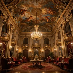 a realistic grand gothic rococo salon with a frescoed ceiling painted with demons, warm lighting, fantasy, intricate, elegant, highly detailed, digital painting, artstation, concept art, matte, sharp focus, trompe - l'œil, volumetric light, art by willem kalf and jan philip van thielen