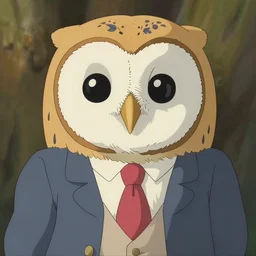 a shoot of a cute anthropomorphic barn owl wearing a suit in a Studio Ghibli movie, symetric face and body, highly detailed,anime