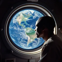 analogue photo of an African tribal man looking - at planet earth through - the porthole of spaceship, 35mm,