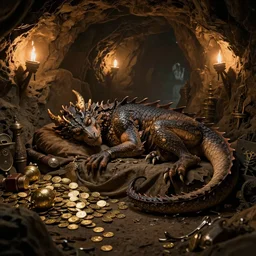 a very old sleeping dragon near her loot, in a cave, dark - lit with torches along the walls, with many gold coins, many treasures, piled around, very high detail, 8 k, artstation