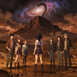 isekai masterpiece by mandy jurgens, irina french, rachel walpole, ross tran, illya kuvshinov, deeznutz, and alyn spiller of an anime woman standing in a puddle looking up at serpent viper mountain, nebula night, cinematic, very warm colors, intense shadows, ominous clouds, anime illustration, anime screenshot composite background