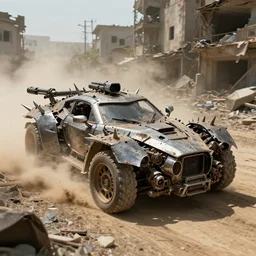 armored apocalipse car, spikes, guns, steel scrap armor, scrap parts, made by survivors, driving across a destroyed town, everything covered with dust, dirt and sand, trash and scrap everywhere, artstation, cinematic, movie, photorealistic, 4k, dramatic lighting, matte painting,