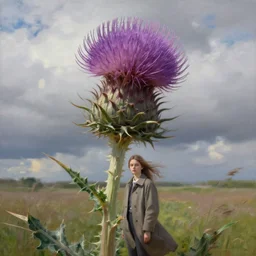 portrait, enormous thistle flower head, a girl wearing coat in a field, surreal photography, wind, cloudy sky, dramatic light, impressionist painting, digital painting, artstation, simon stalenhag