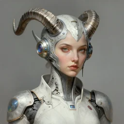 portrait of female scifi scientist with tech - horns, intricate, elegant, highly detailed, ray tracing, digital painting, artstation, concept art, smooth, sharp focus, illustration, art by artgerm and greg rutkowski and alphonse mucha, 8 k