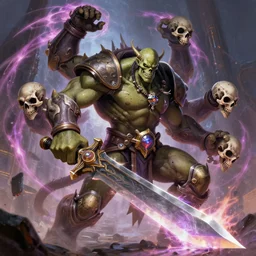 a ultradetailed painting of yidris maelstrom wielder 4 armed orc skulls on waist with large blade being blast by energy, by karl kosinski magic the gathering art, sci fi, futurism, mtg octane rendering, sharp focus