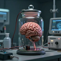brain in a jar, wires hooked up, medical equipment, dystopia, creepy, highly detailed, high quality, high resolution