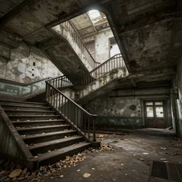 ruined, abandoned polish metro station, seen from inside. Diffused light from stairwells. Dirt, leaves on ground. Unreal Engine. Substance painter. Zbrush. Trending on artstation. 8K. Highly detailed.