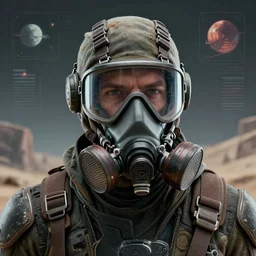 retrofuturistic portrait of a dystopian wasteland scavenger, respirator, space graphics in background, close up, quint buchholz, wlop, dan mumford, artgerm, liam brazier, peter mohrbacher, raw, featured on artstation, octane render, cinematic, elegant, intricate, 8 k