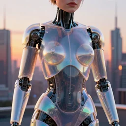 hyper realistic and detailed closeup photo of a female android with segmented iridescent translucent panels with sunset over a futuristic city behind her by annie leibovitz