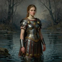 portrait of Roman mercenary's wife young beautiful woman standing on primeval waters, dynamic lighting, cinematic, establishing shot, extremely high detail, photo realistic, cinematic lighting, oil painting, intricate line drawings
