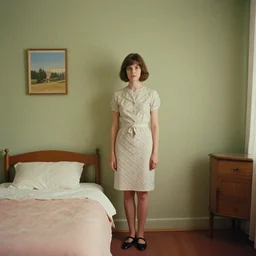 a woman standing in a bedroom next to a bed, a colorized photo by Wes Anderson and Wilhelm Sasnal, tumblr, precisionism, 1970s, matte photo, provia , movie still