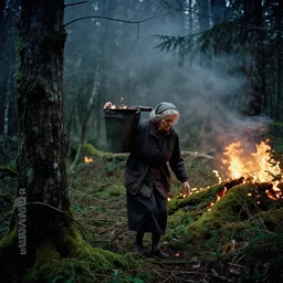 a movie still by tarkovsky of an elder woman carrying burning bucket in a heavy burning forest mossy by night, cinestill 8 0 0 t 3 5 mm, heavy grain, high quality, noir, natural textures, photorealistic, natural textures, ambient occlusion, hd, fog, criterion collection