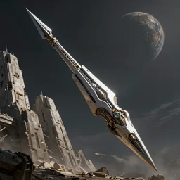 concept art of a giant futuristic spear - shaped spaceship approaching a planet by greg rutkowski, brutalist and megalithic look, cinematic lighting, highly detailed, sci - fi, artstation hq
