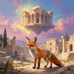 a beautiful small fox in the huge ruins of the second temple in jerusalem : : dreamy sky : : the third temple hovers quietly in the sky above : : very colorful painting 8 k trending on art station : : intricate details, very realistic, cinematic lighting, volumetric lighting, photographic blur bokeh defocus dof sky. - w 1 0 2 4 - h 5 1 2 - c