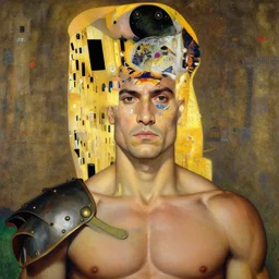 Gladiator, muscular, detailed face, correct face, cyberpunk chinese ancient castle, fantasy, painting by Gustav Klimt, greg rutkowski and alphonse mucha