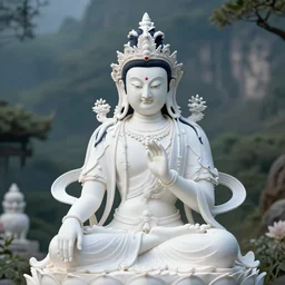 white tara bodhisattva in a scenic environment, intricate, elegant, fierce, compassionate, portrait by greg rutkowski and carne griffiths, 8 k uhd