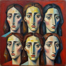intricate five borderlands faces by pablo picasso, oil on canvas, hdr, high detail, photo realistic, hyperrealism, matte finish, high contrast, 3 d depth, centered, masterpiece, vivid and vibrant colors, enhanced light effect, enhanced eye detail, artstationhd
