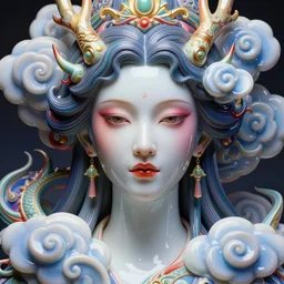 very colorful hyperdetailed realistic face portrait octane render, very vibrant, artwork by james jean, chiara bautista, smooth polished porcelain, beautiful cloud dragon goddess, jean delville, art nouveau, james jean spiraling clouds