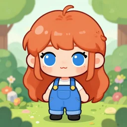 kawaii chibi art of a ginger girl with big blue eyes, freckles, garden, blue overalls, studio trigger