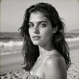 “a black and white photograph of a woman on the beach, realistic, vintage, antiqued look, grainy film”