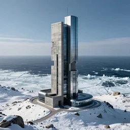 single brutalist modern concrete and metallic tower on a cold, snowy hill overlooking a massive frozen ocean. Concept art, star citizen.