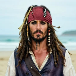 a award winning outdoors beach portrait photo of a charismatic rugged pirate captain with brown beard and light brown long hair, faded teal coat and slightly chubby, huge big pirate hat movie color graded