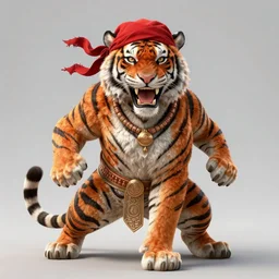 full body portrait of anthropomorphic tiger as indian warrior caste, growling, strong and ferocious, red tattered bandana by artgerm, cushart krenz, greg rutkowski, mucha. art nouveau. gloomhaven, full body tiger fur, vibrant colors, sharp edges. ultra clear detailed. 8 k. elegant, intricate, octane render