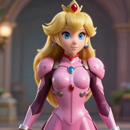 princess peach wearing a personalized battle suit, extreme detail, photorealism, octane render, cinematic lighting.