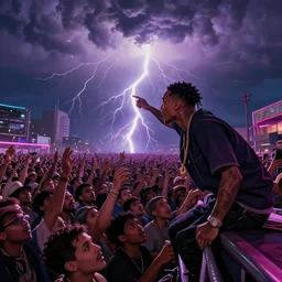 rapper leaning over huge crowd reaching up to him, thunder and lightning, clouds, digital art, vapor wave, hip hop, trending on Artstation, professional artist, detailed, 4k
